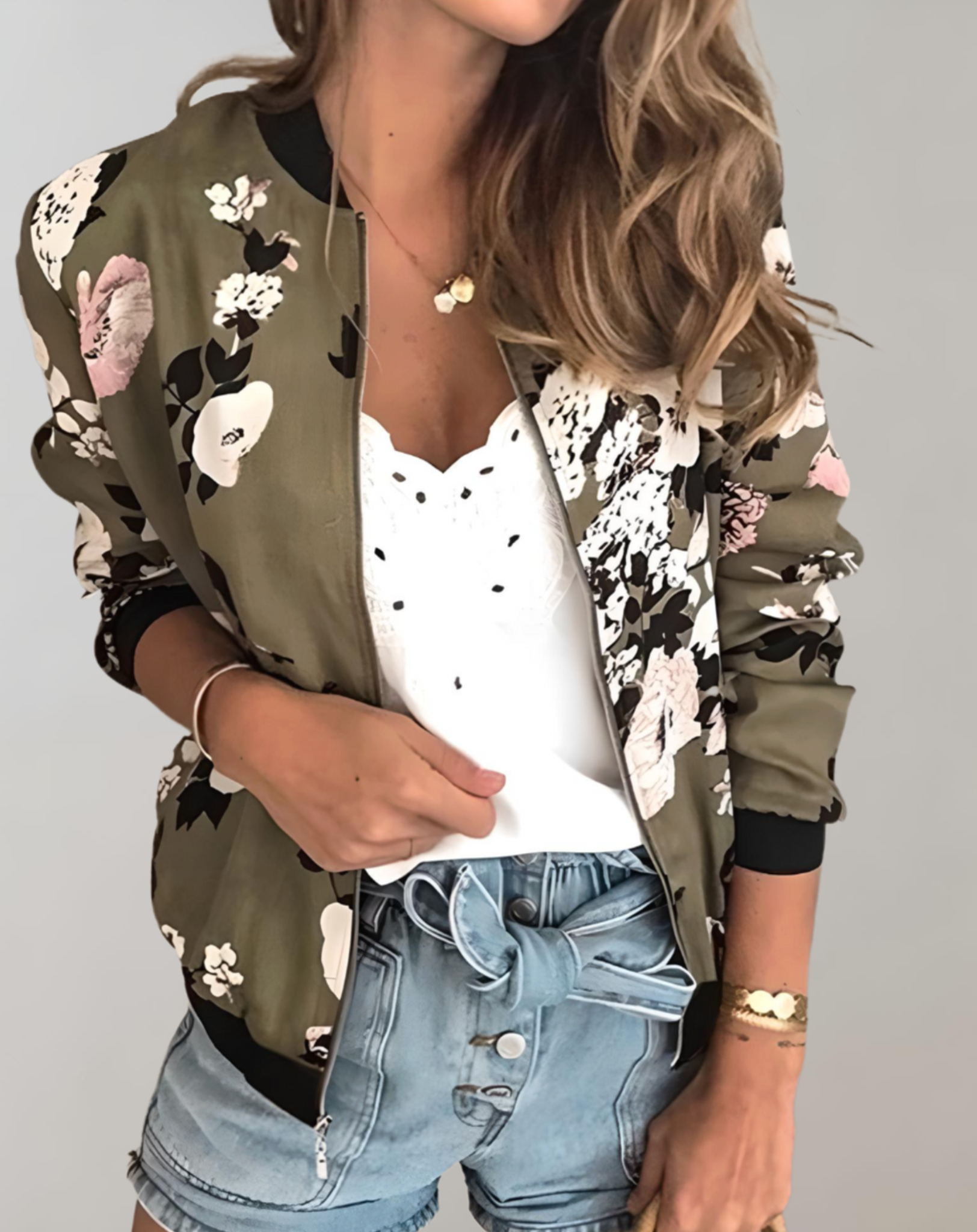 Agneta - Floral Bomber Jacket - Army green / XS - Bomber Jacket