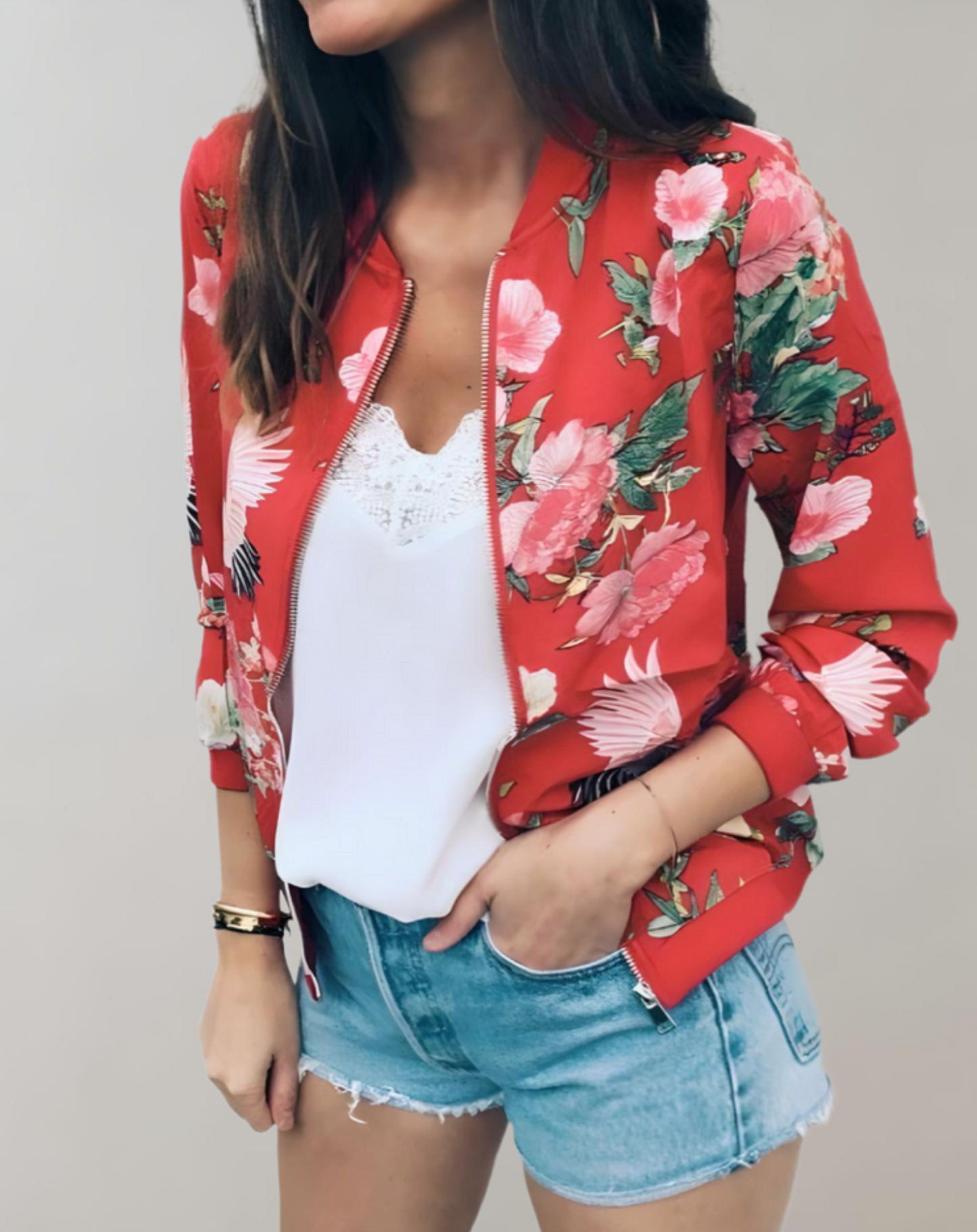 Agneta - Floral Bomber Jacket - Rood / XS - Bomber Jacket