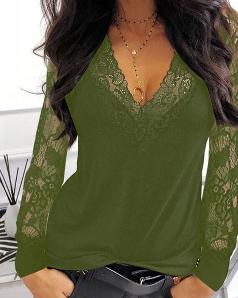 Aretha - Lace Sleeve Shirt - Green / XS - Blouses & Shirts