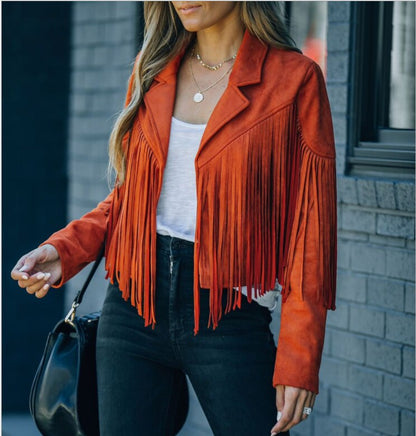 Cora - Suede Fringe Coat - Orange / S - Fringe Jacket