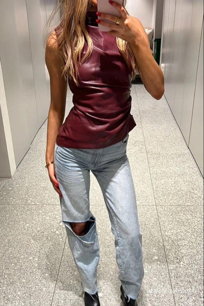 Evelyn - Leather Top In The Famous Burgundy And Black