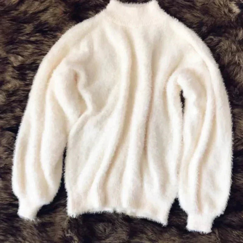 Joy - Fluffy Knitted Oversized Turtleneck Sweater - Beige / One Size - Sweater