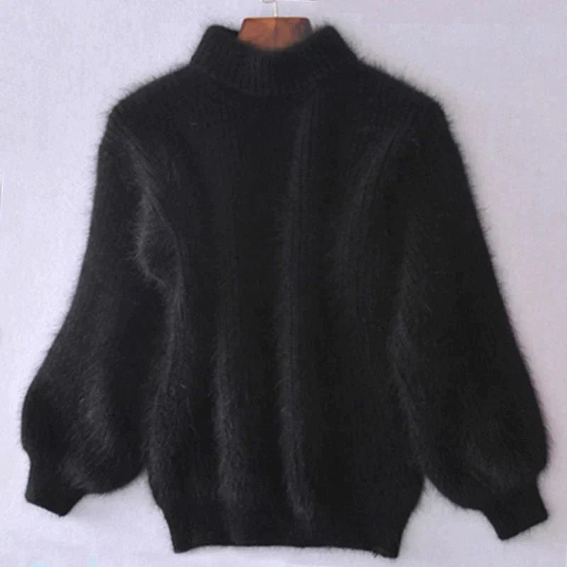 Joy - Fluffy Knitted Oversized Turtleneck Sweater - Black / One Size - Sweater