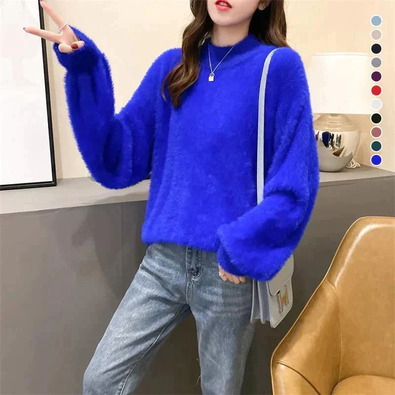 Joy - Fluffy Knitted Oversized Turtleneck Sweater - Blue / One Size - Sweater