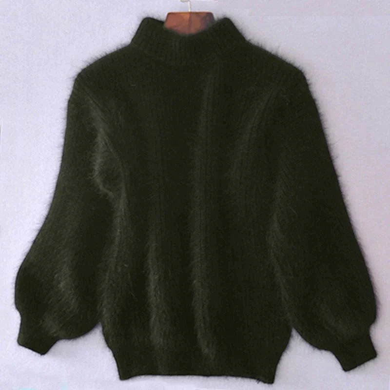 Joy - Fluffy Knitted Oversized Turtleneck Sweater - Green / One Size - Sweater