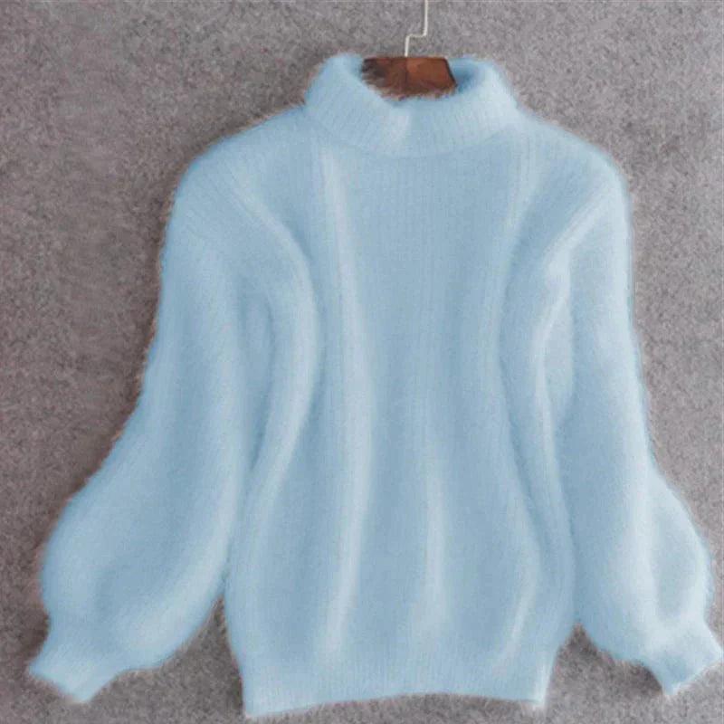 Joy - Fluffy Knitted Oversized Turtleneck Sweater - Light blue / One Size - Sweater