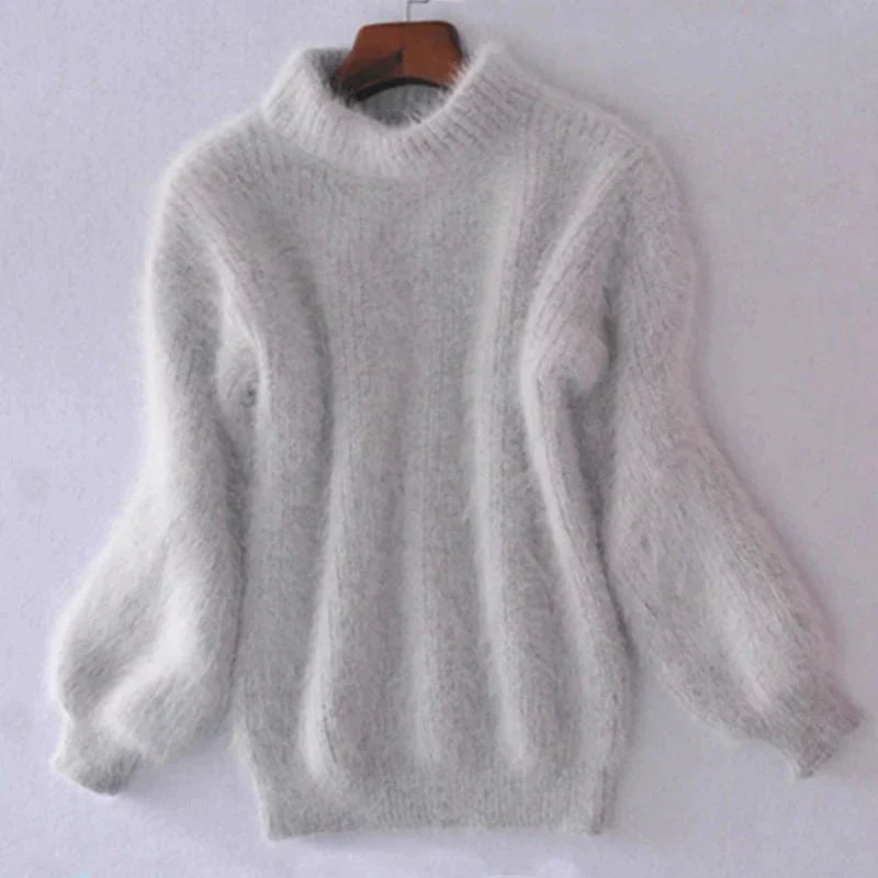 Joy - Fluffy Knitted Oversized Turtleneck Sweater - Light grey / One Size - Sweater