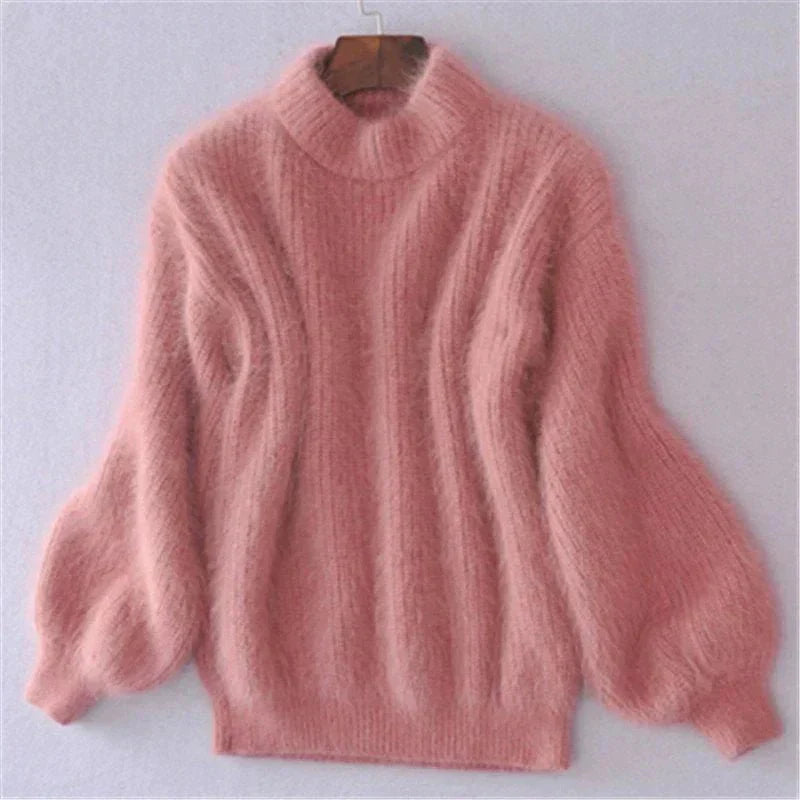 Joy - Fluffy Knitted Oversized Turtleneck Sweater - Pink / One Size - Sweater