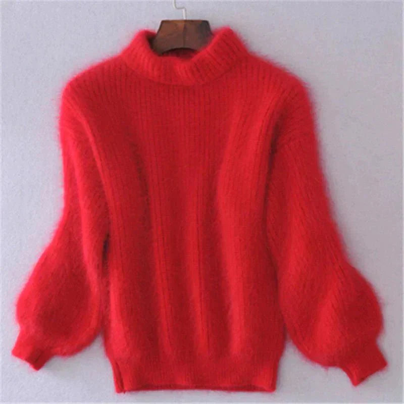 Joy - Fluffy Knitted Oversized Turtleneck Sweater - Red / One Size - Sweater