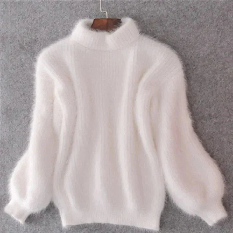 Joy - Fluffy Knitted Oversized Turtleneck Sweater - White / One Size - Sweater