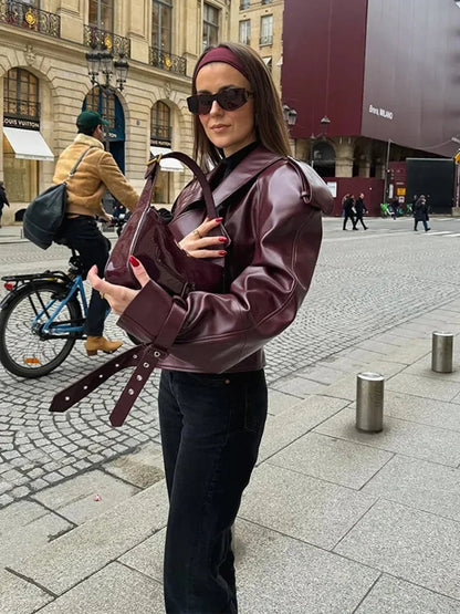 Mikaa - Leather Burgundy Jacket With Straps