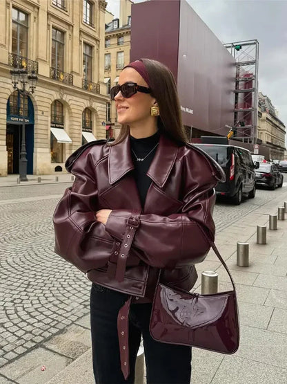 Mikaa - Leather Burgundy Jacket With Straps