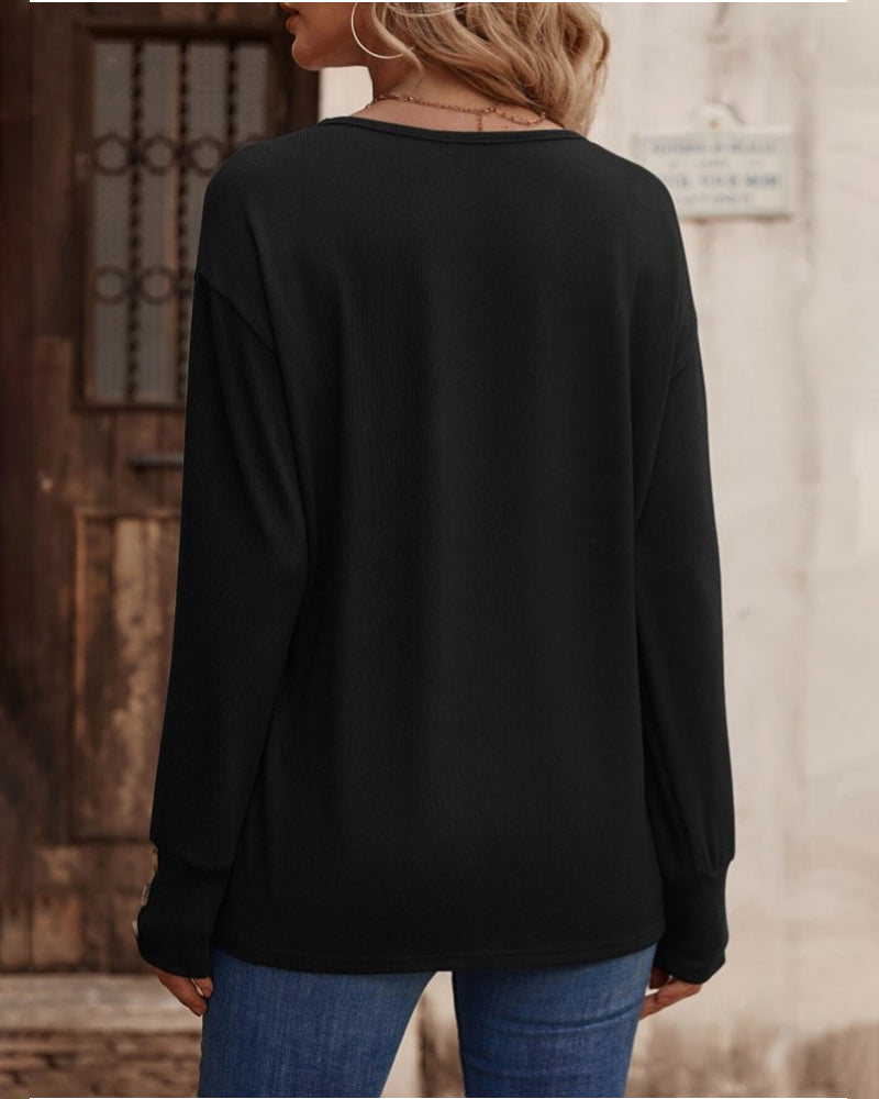 Therese - Stylish and Comfortable Plain Colour V-Neck Top with Buttons